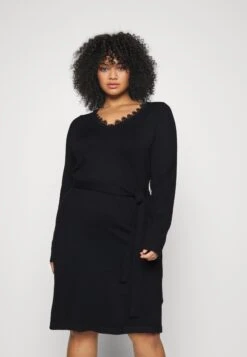 V Ausschnitt Mini Strickkleid Mit Gürtel Und Spitzeneinsatz - Strikket Kjole - Black