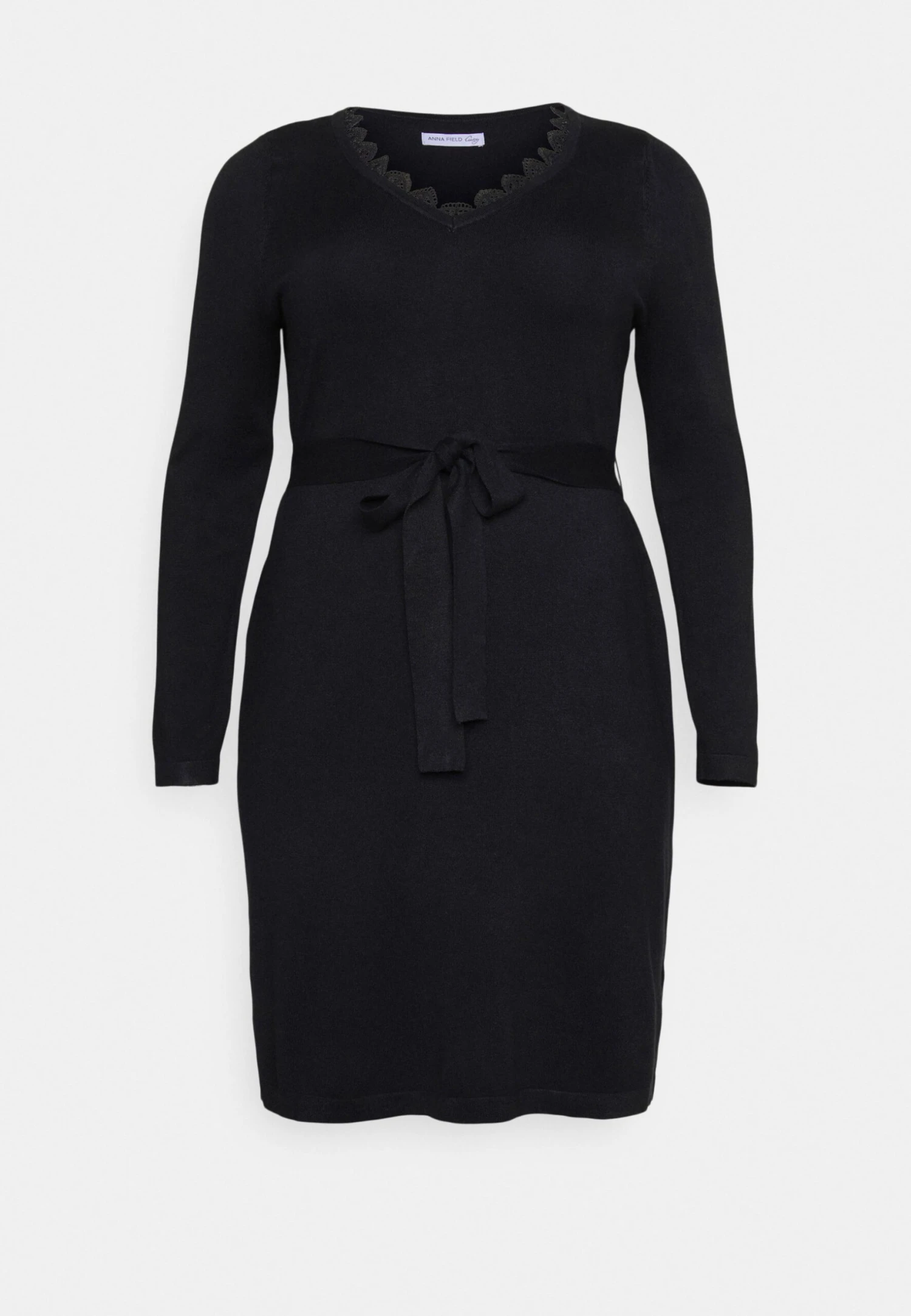 V Ausschnitt Mini Strickkleid Mit Gürtel Und Spitzeneinsatz - Strikket Kjole - Black 5 V Ausschnitt Mini Strickkleid Mit Gürtel Und Spitzeneinsatz - Strikket Kjole - Black - Bilde 5