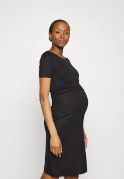 Short Sleeves Ruched Waist Mini Flared Dress - Jerseykjole - Black