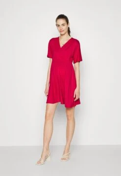 Short Sleeves Flared Mini Dress- Jerseykjole - Red